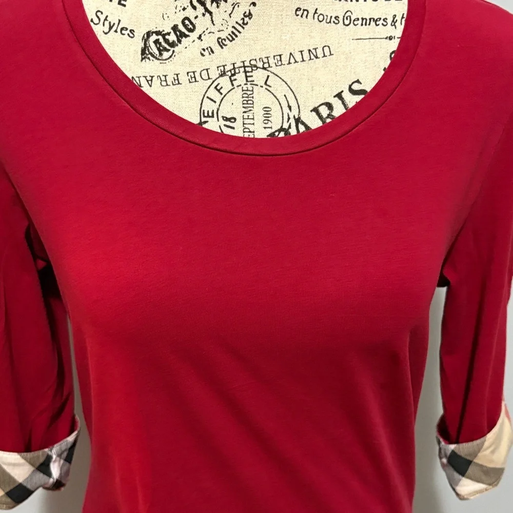 Burberry Red Long Sleeve Top with Plaid Accents - Picture 3 of 4